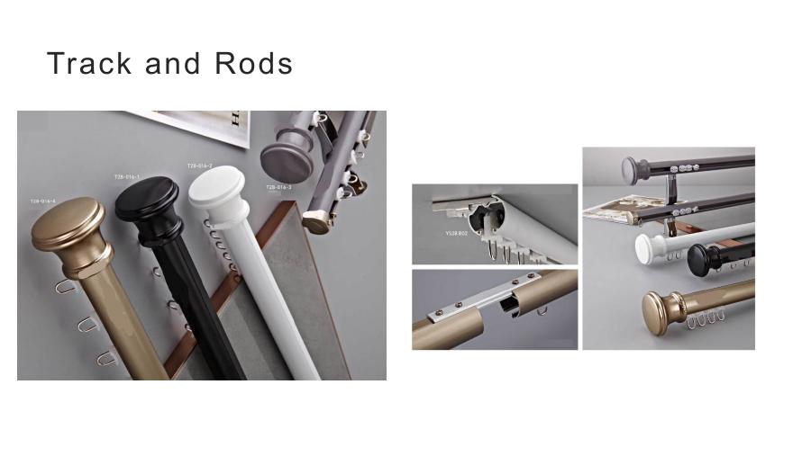 Curtain rods and tracks shown in several finishes and profiles