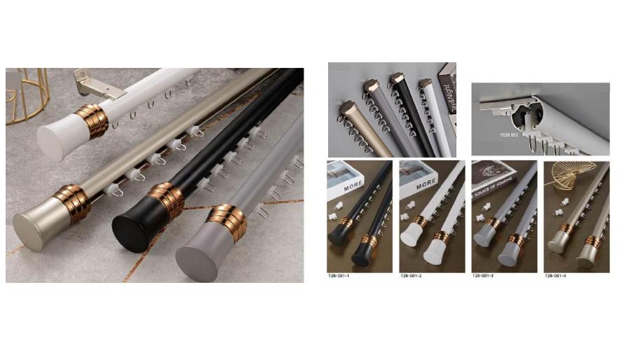 Decorative curtain rods in light, dark, and metallic finishes