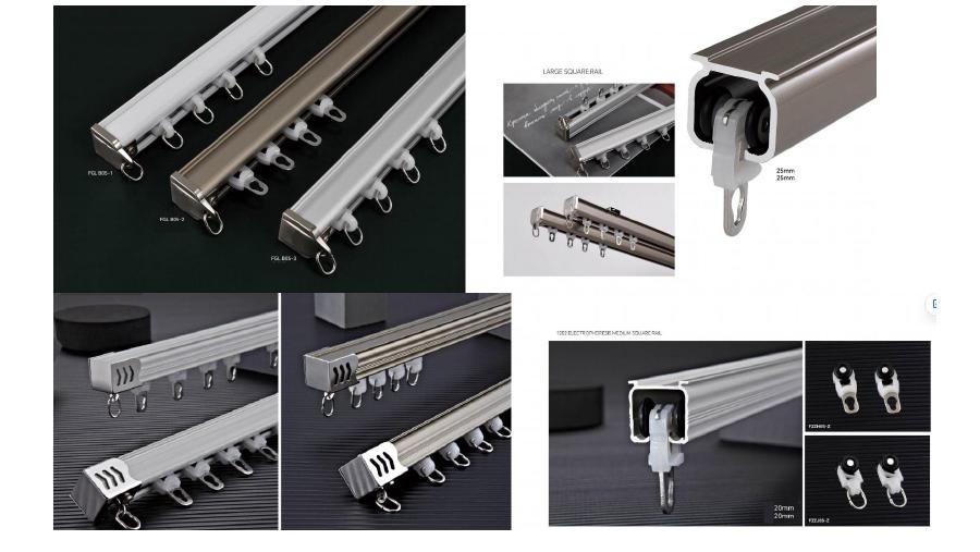 Several curtain track cross-sections and close-up details